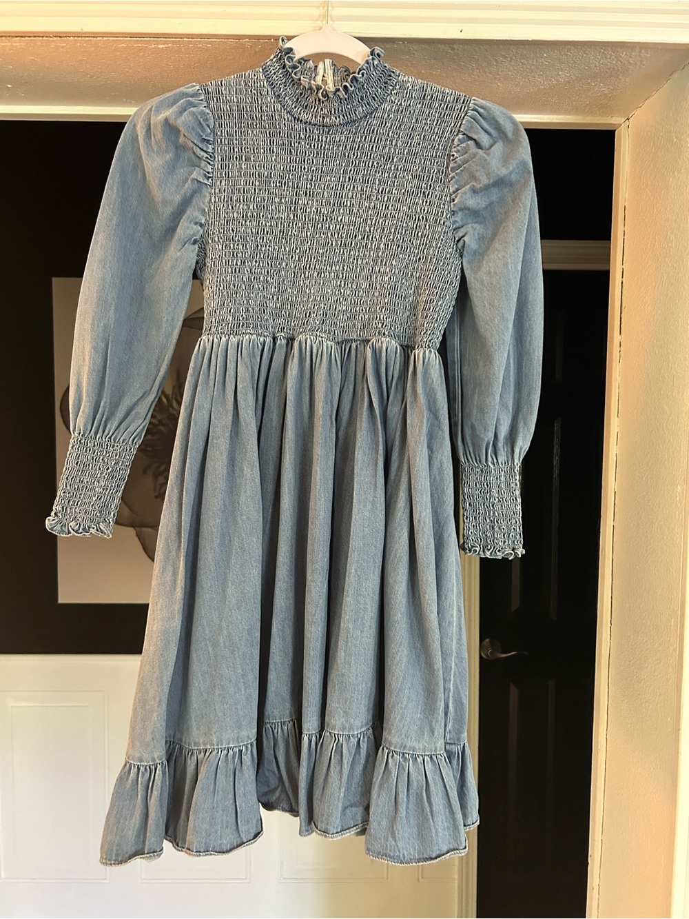 Girls' Blue Smocked Neckline Long Sleeve Dress